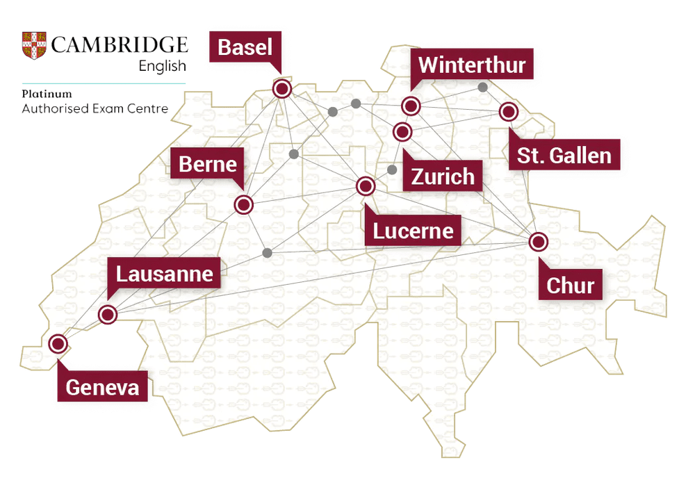 Map Cambridge English Exams, all exam locations in Switzerland - Zürich, Winterthur, Chur, St. Gallen, Luzern, Aargau, Bern, Basel, Lausanne, Geneva