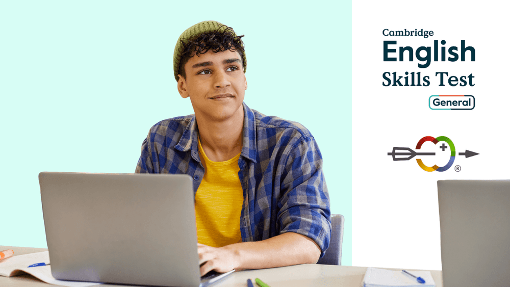 Young adult working on a laptop, representing the CEST General, with Swiss Exams branding.