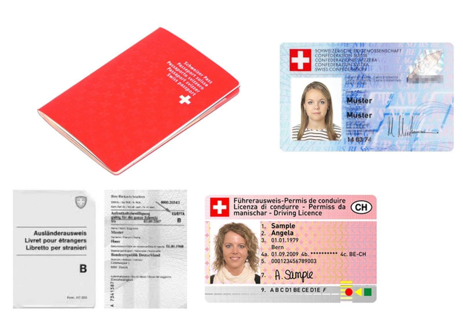 Abgebildet sind ein Schweizer Pass, ID, Fahrzeugausweis und ein Auslälnderausweis.