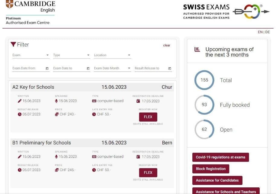 Many exam dates shown for exams in Switzerland by Swiss Exams.